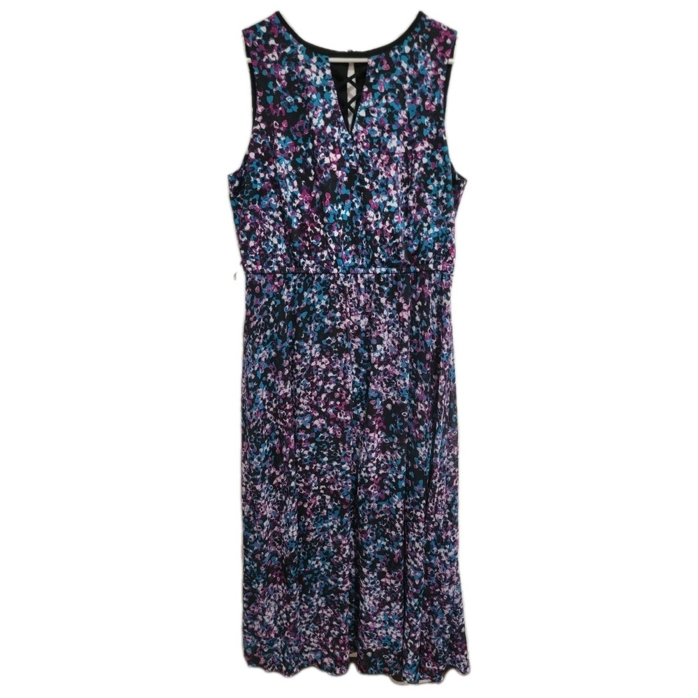 Lane‎ Bryant Dress 14 Maxi Sleeveless Navy Blue Purple Floral Lattice V-Neck